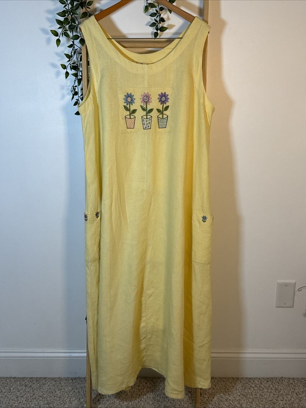 Vintage 90s Linen Maxi Dress XL Yellow Deadstock Embroidery Cottagecore Boho